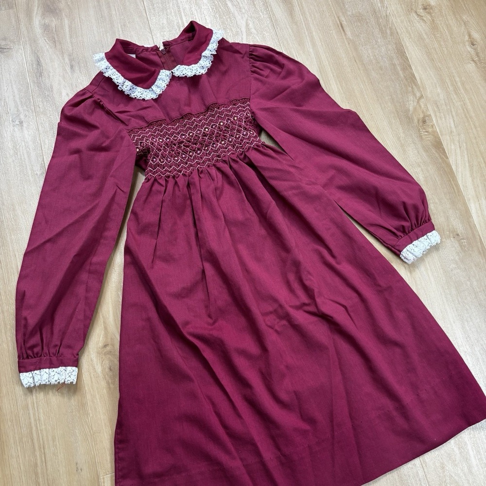 VTG Polly Flinders Hand Smocked Embroidered Long Sleeve Prairie Dress Maroon 10 - Picture 2 of 13